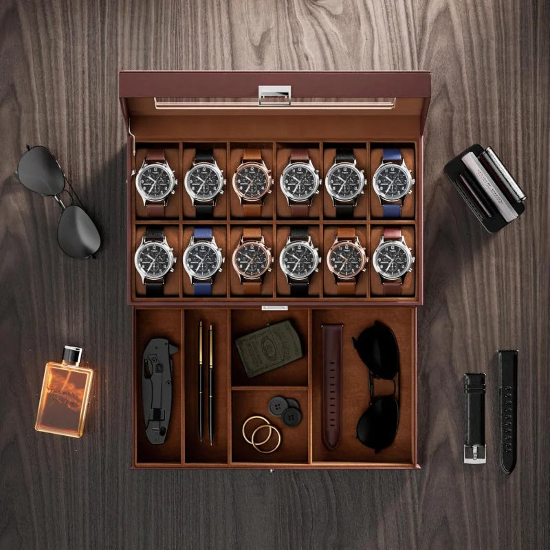 12-Slot Espresso Mens Watch Box w/Drawer & Glass Lid, 2-Layer Watch Jewelry Storage Organizer, Birthday Christmas Gift for Men