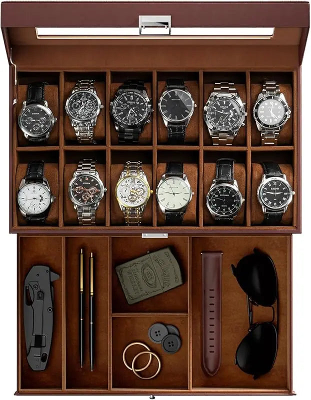 12-Slot Espresso Mens Watch Box w/Drawer & Glass Lid, 2-Layer Watch Jewelry Storage Organizer, Birthday Christmas Gift for Men