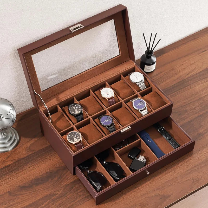 12-Slot Espresso Mens Watch Box w/Drawer & Glass Lid, 2-Layer Watch Jewelry Storage Organizer, Birthday Christmas Gift for Men