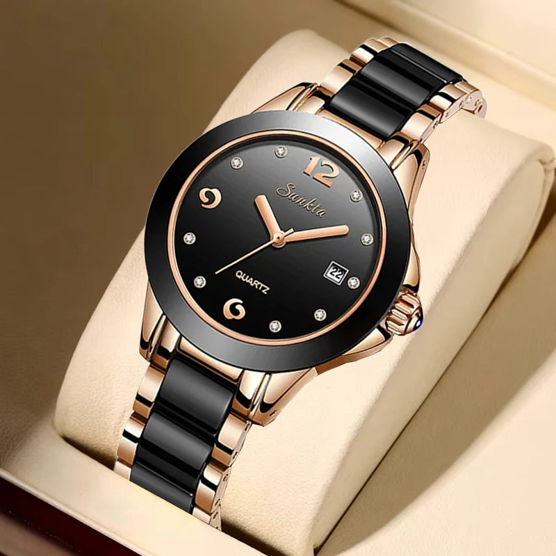 LIGE Sunkta Fashion Elegant Women's Watches Casual Luxury Ceramic Waterproof Ladies Clock Auto Date Dress Quartz Woman Watch+Box