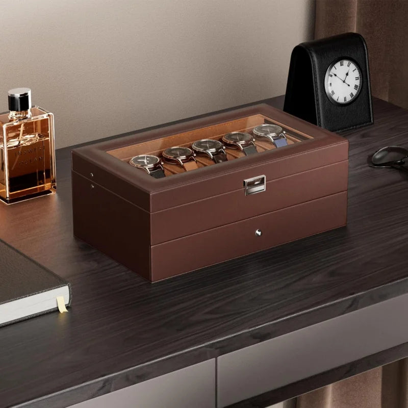 12-Slot Espresso Mens Watch Box w/Drawer & Glass Lid, 2-Layer Watch Jewelry Storage Organizer, Birthday Christmas Gift for Men