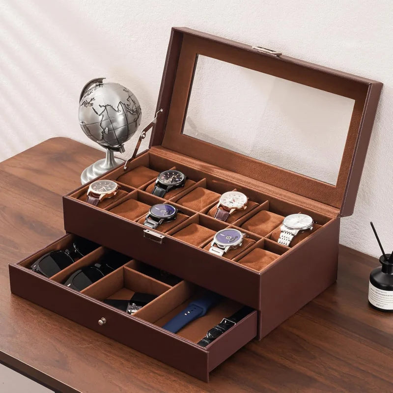 12-Slot Espresso Mens Watch Box w/Drawer & Glass Lid, 2-Layer Watch Jewelry Storage Organizer, Birthday Christmas Gift for Men