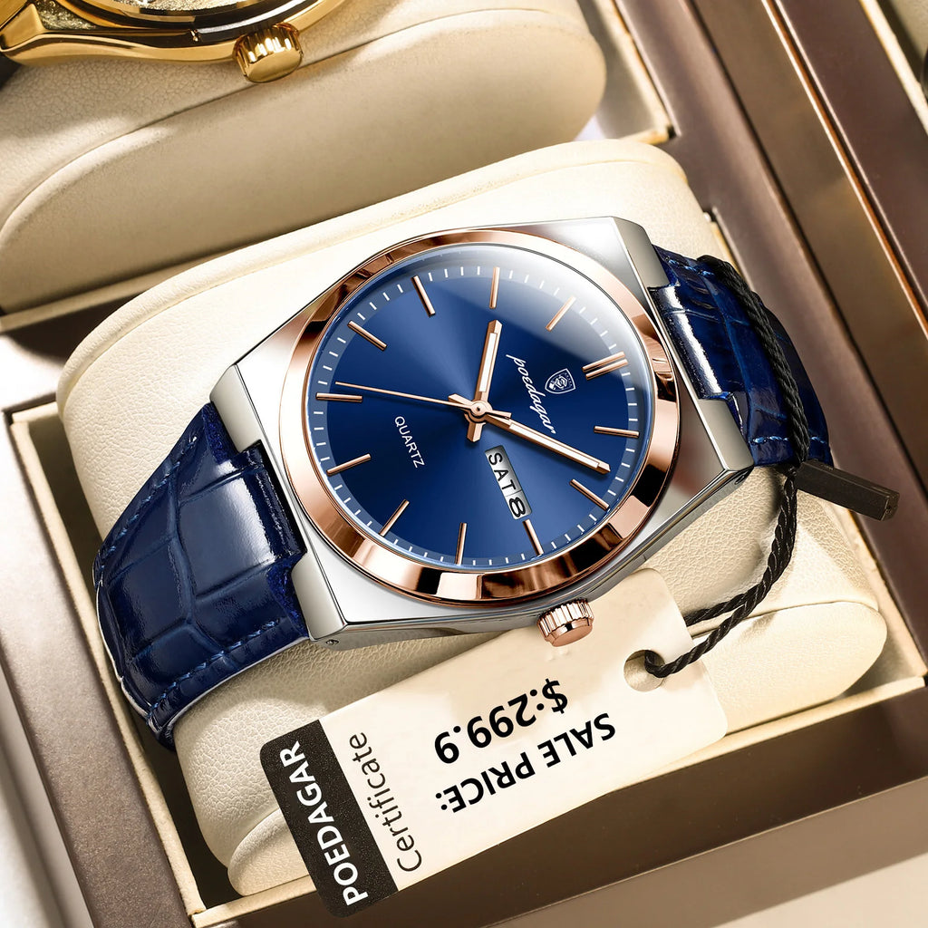 POEDAGAR Luxury Trend Men Watch Waterproof Luminous Date Week Man Wristwatch Military Outdoor Leather Men's Quartz Watch