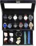 12-Slot Espresso Mens Watch Box w/Drawer & Glass Lid, 2-Layer Watch Jewelry Storage Organizer, Birthday Christmas Gift for Men