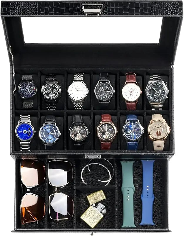 12-Slot Espresso Mens Watch Box w/Drawer & Glass Lid, 2-Layer Watch Jewelry Storage Organizer, Birthday Christmas Gift for Men