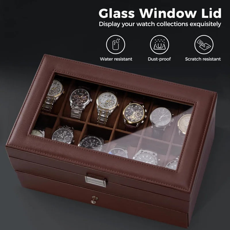12-Slot Espresso Mens Watch Box w/Drawer & Glass Lid, 2-Layer Watch Jewelry Storage Organizer, Birthday Christmas Gift for Men