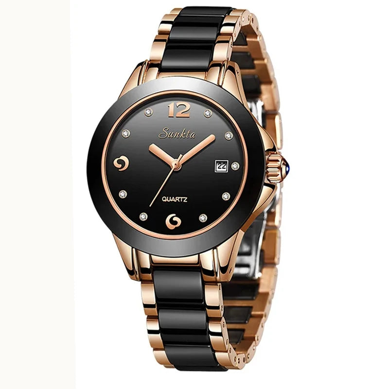 LIGE Sunkta Fashion Elegant Women's Watches Casual Luxury Ceramic Waterproof Ladies Clock Auto Date Dress Quartz Woman Watch+Box