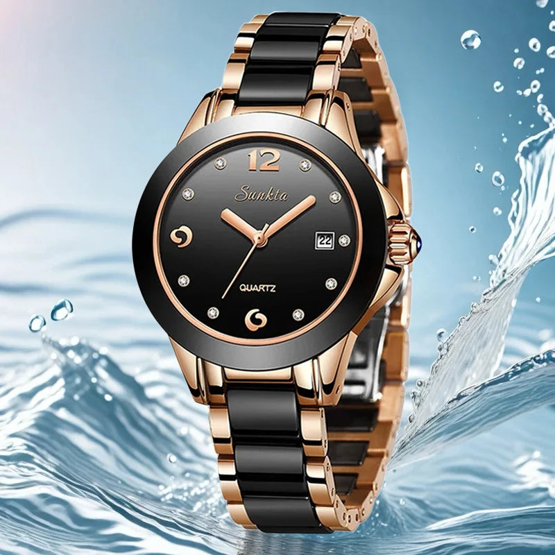 LIGE Sunkta Fashion Elegant Women's Watches Casual Luxury Ceramic Waterproof Ladies Clock Auto Date Dress Quartz Woman Watch+Box