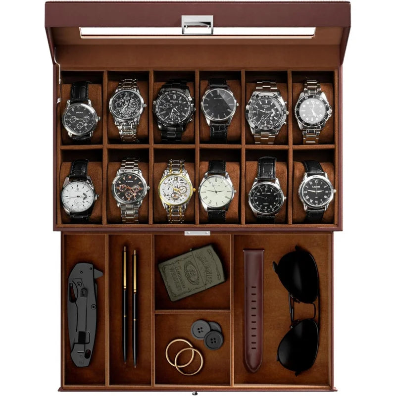 12-Slot Espresso Mens Watch Box w/Drawer & Glass Lid, 2-Layer Watch Jewelry Storage Organizer, Birthday Christmas Gift for Men