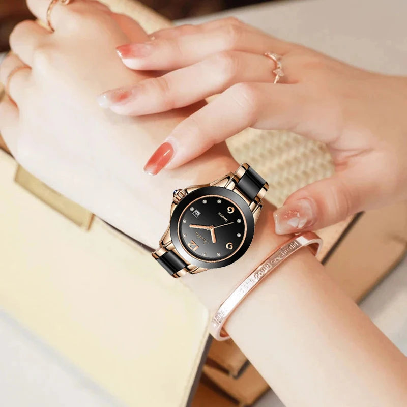 LIGE Sunkta Fashion Elegant Women's Watches Casual Luxury Ceramic Waterproof Ladies Clock Auto Date Dress Quartz Woman Watch+Box